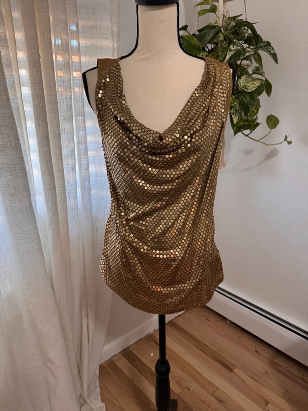 Michael Kors Gold Sequin Cowl Neck Sleeveless Top - Picture 3 of 5